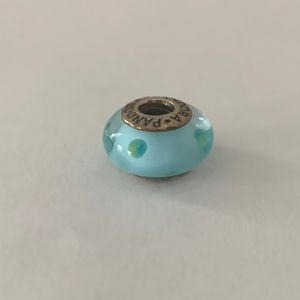 Pandora Glass Charm - blue with blue and green polka Dots